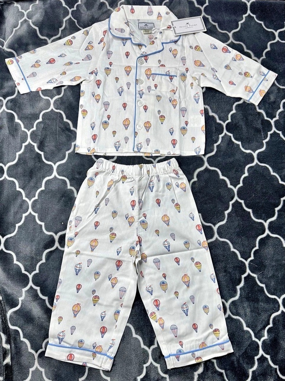Petite Plume Teddy Goes to School Twill Pajama Set Baby 12/18M Hot Air Balloon